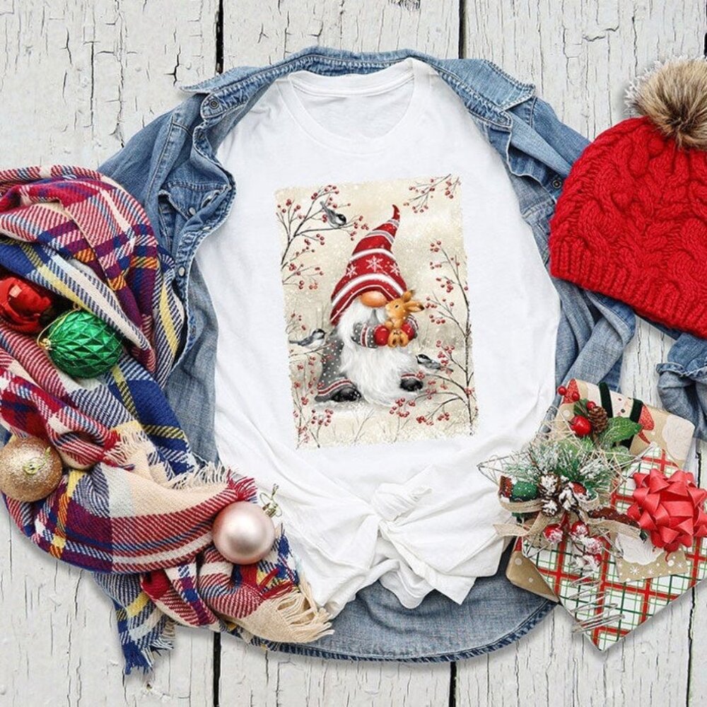 Gnome Hugging Rabbit T-Shirt, Winter Holiday Gnome T-Shirt